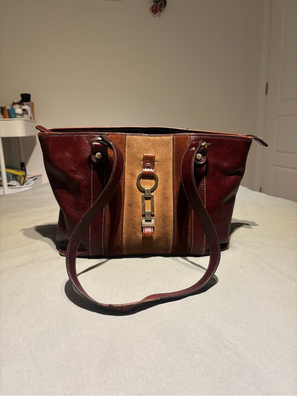 Etienne Aigner Burgundy and Tan Two-Tone Shoulder Bag with Metal Ring Accent